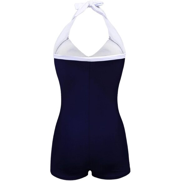 One Piece Plus Size XXL Navy Blue Red & White Vintage Style Halter Top Swimsuit - Picture 3 of 9
